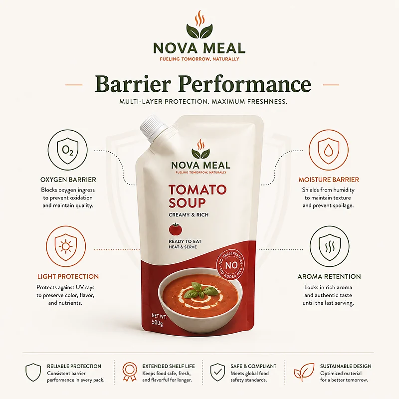 High barrier retort pouch providing oxygen, moisture and light protection with improved aroma retention for shelf-stable food.