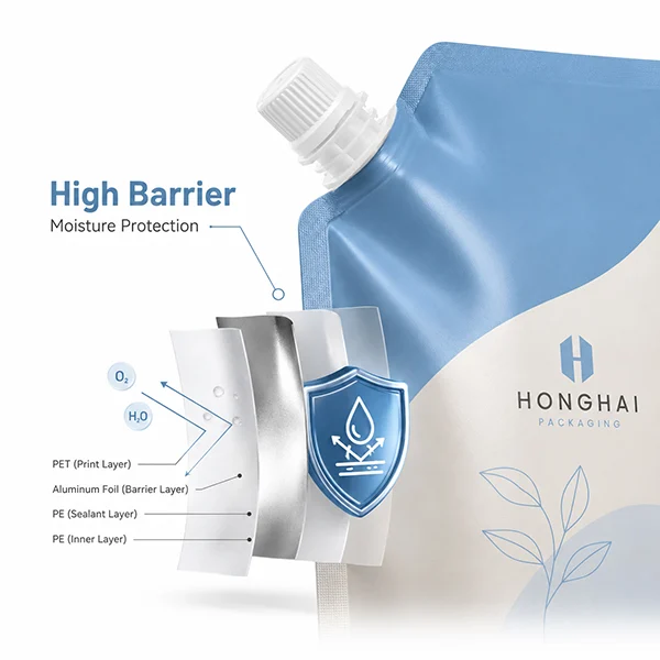 Close-up of a high barrier spout pouch with material structure illustration for