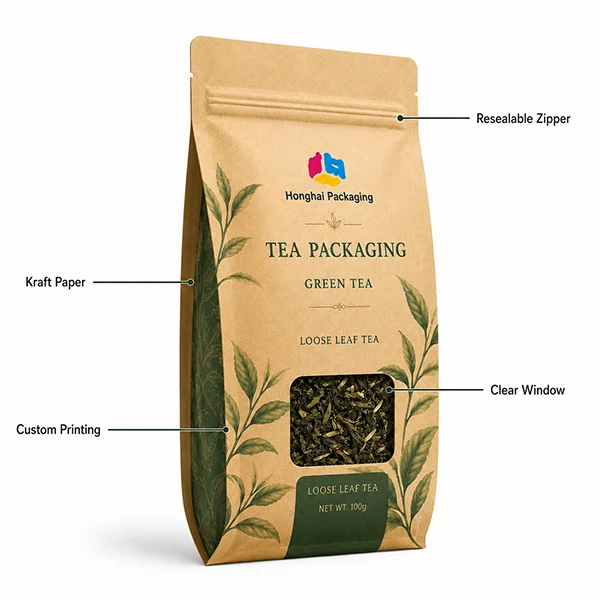 Kraft paper tea side gusset pouch with resealable zipper, clear window and custom printing by Honghai Packaging.