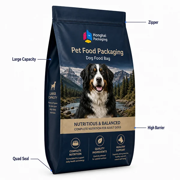 Large capacity pet food side gusset pouch with zipper, quad seal and high barrier structure by Honghai Packaging.