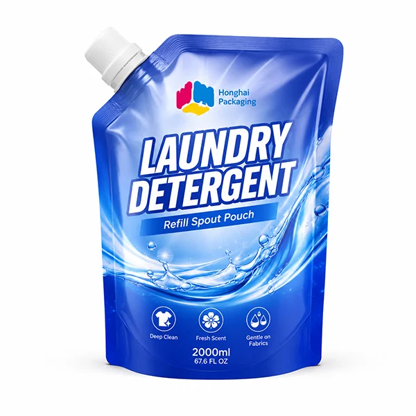 Custom laundry detergent refill spout pouch with blue liquid packaging design