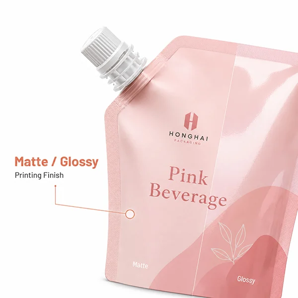 Close-up of a custom spout pouch showing matte and glossy printing finish comparison