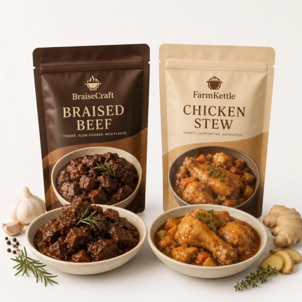 Two custom retort pouches for braised beef and chicken stew displayed with plated meat dishes and seasoning ingredients.
