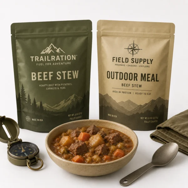 Two military style retort pouches for outdoor beef stew displayed with a bowl of ready-to-eat meal, spoon and compass.
