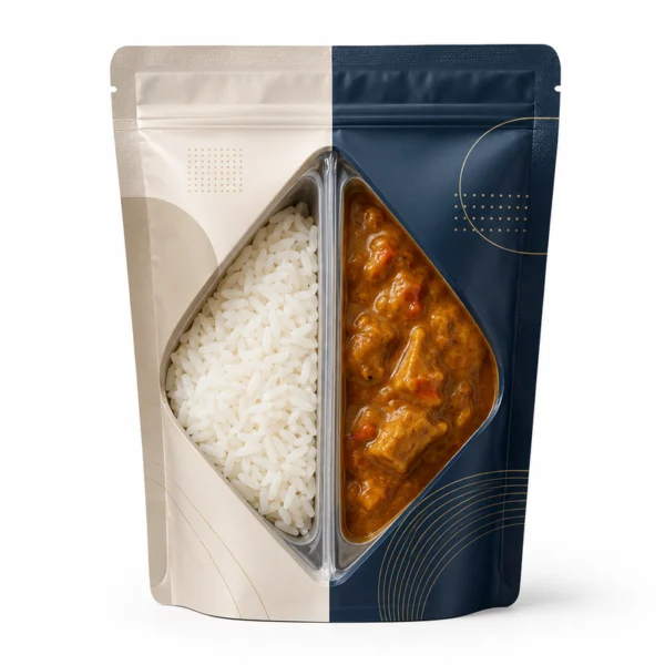 Custom dual compartment retort pouch for separated rice, curry, sauce and ready meal packaging