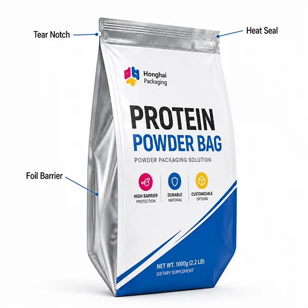 Protein powder side gusset pouch with foil barrier, heat seal and tear notch by Honghai Packaging.