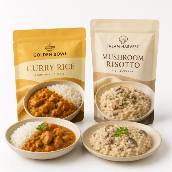 Two custom printed retort pouches for curry rice and mushroom risotto with plated ready meals on a clean studio background.