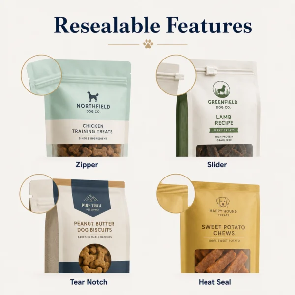 Dog treat bags with zipper, slider, tear notch and heat-seal closure options.