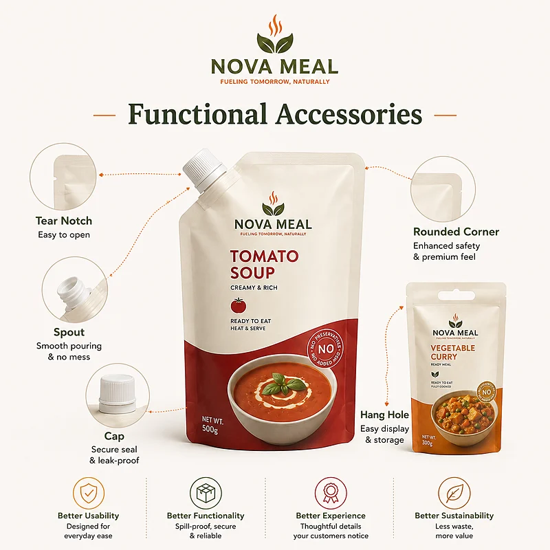 Custom retort pouch accessories including tear notch, spout, cap, rounded corners and hang hole for convenient use.