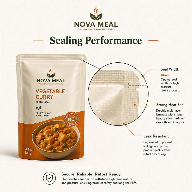 Retort pouch heat seal performance with strong sealing, optimized seal width and leak-resistant edges after sterilization.