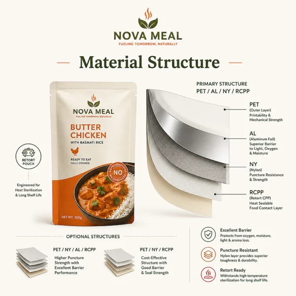 Multi-layer retort pouch material structure with PET, aluminum foil, nylon and RCPP for barrier protection and puncture resistance.