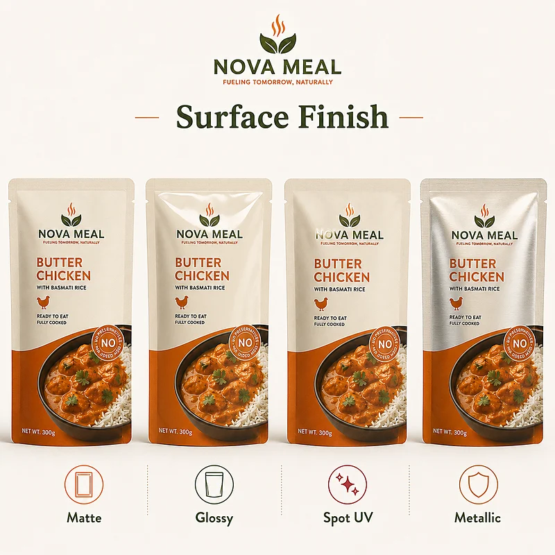 Retort pouch surface finish options including matte, glossy, spot UV and metallic effects for custom food brands.