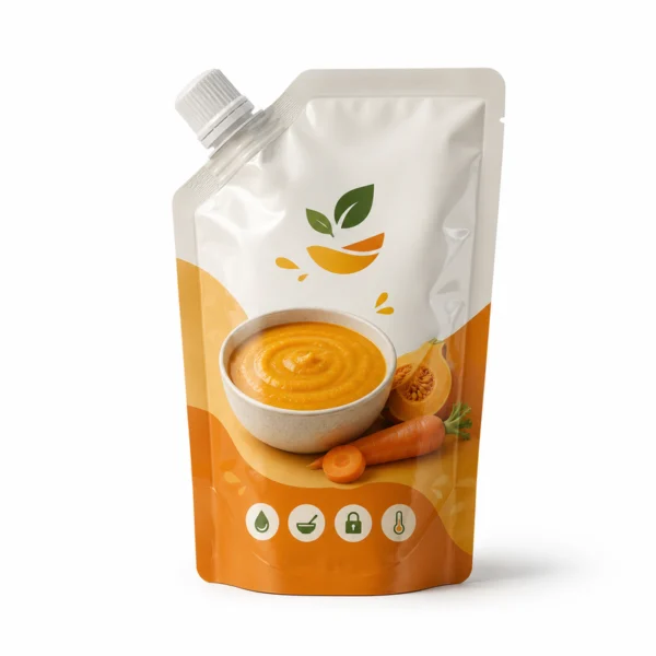 Custom retort spout pouch with heat-resistant cap for soup, puree, sauce and liquid food