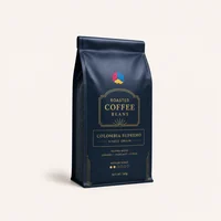 Premium navy quad seal coffee bag with gold printing