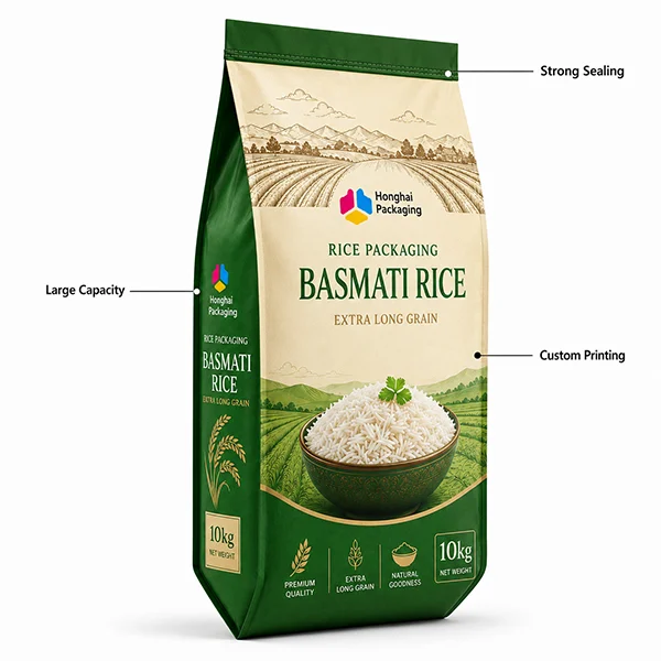 Large capacity rice side gusset pouch with strong sealing and custom printing by Honghai Packaging.