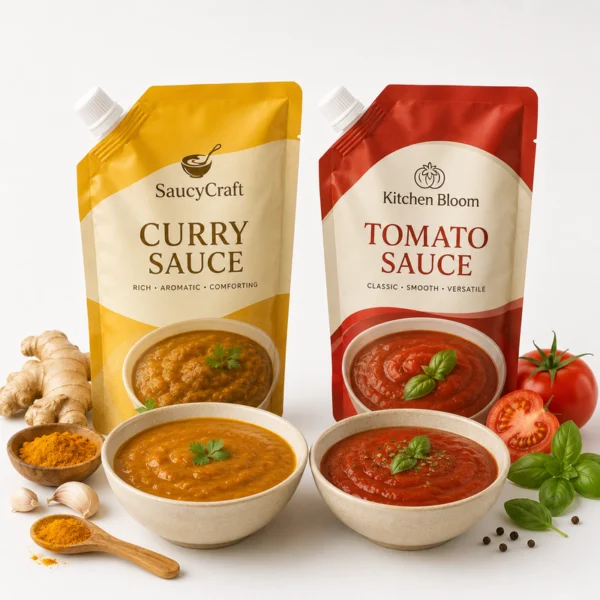 Two retort sauce pouches for curry sauce and tomato sauce with bowls of sauce and fresh spice ingredients.