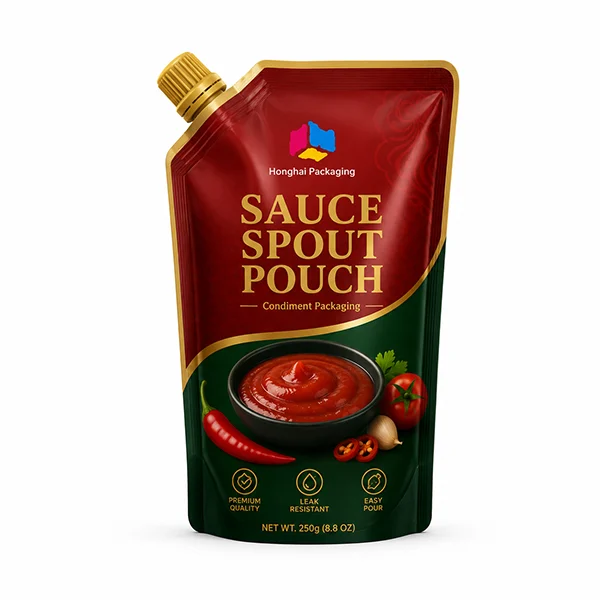 Custom sauce spout pouch for condiment packaging with tomato sauce design