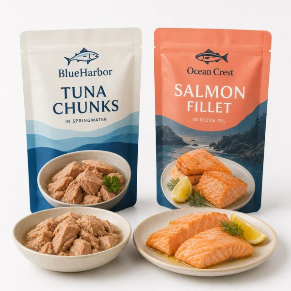 Two seafood retort pouches for tuna chunks and salmon fillet with plated seafood and lemon garnish on a light background.