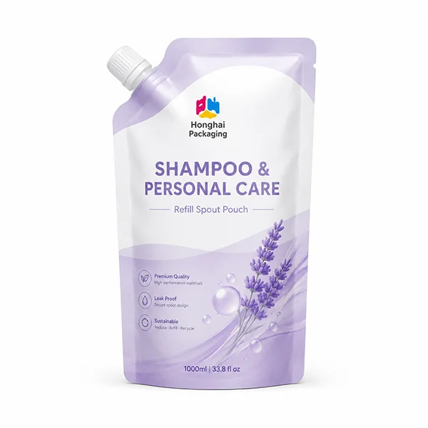 Custom shampoo and personal care refill spout pouch with lavender design