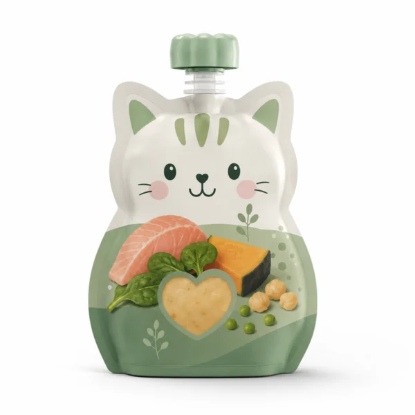 Custom shaped retort pouch with spout for baby food, pet food and portable meal packaging