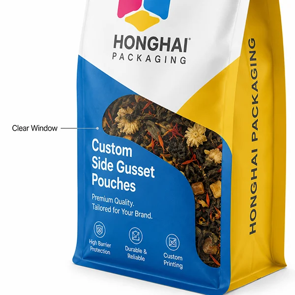 Close-up of clear window on custom side gusset pouch for product visibility by Honghai Packaging.