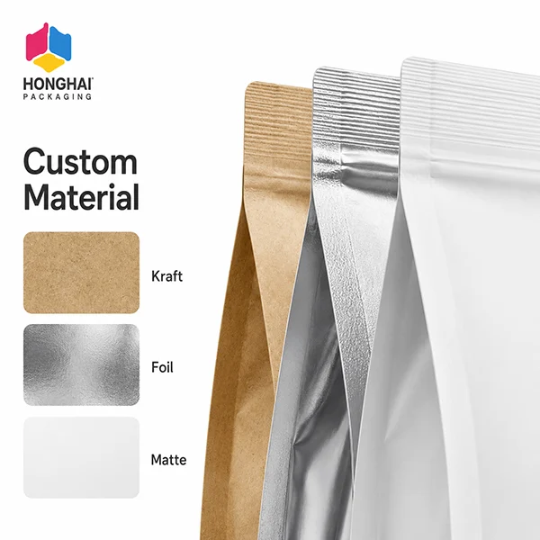 Custom material options for side gusset pouches including kraft paper, foil and matte finish by Honghai Packaging.