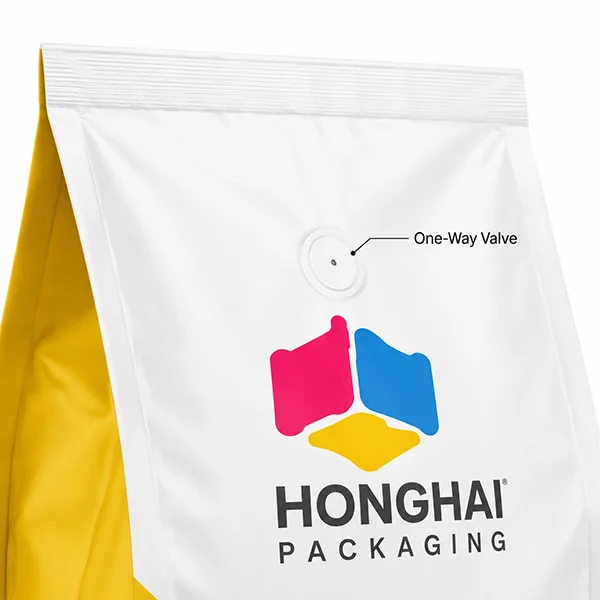 Close-up of one-way valve on custom side gusset coffee pouch by Honghai Packaging.