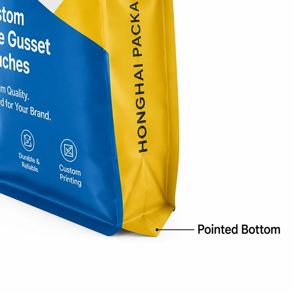 Close-up of pointed bottom structure on side gusset pouches by Honghai Packaging.