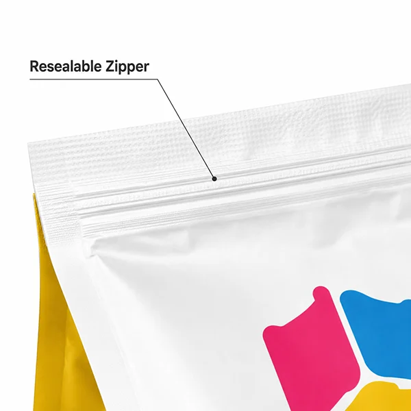 Close-up of resealable zipper on custom side gusset pouch by Honghai Packaging.