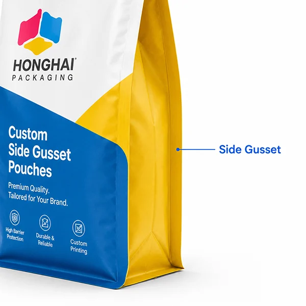 Close-up of side gusset structure on custom side gusset pouches by Honghai Packaging.
