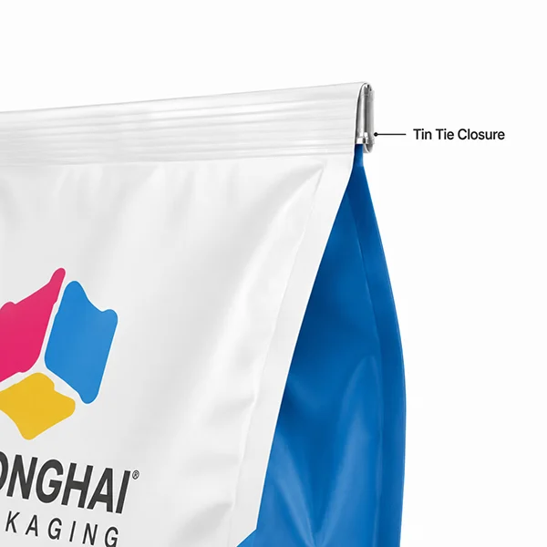 Close-up of tin tie closure on custom side gusset pouch by Honghai Packaging.