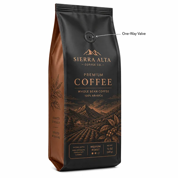 Side gusset pouch with one-way valve for fresh roasted coffee packaging by Honghai Packaging.