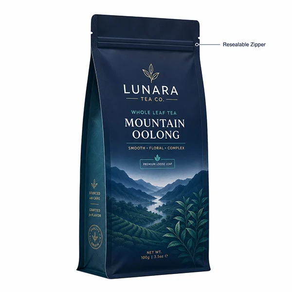 Side gusset pouch with resealable zipper for tea, snacks and pet food packaging by Honghai Packaging.