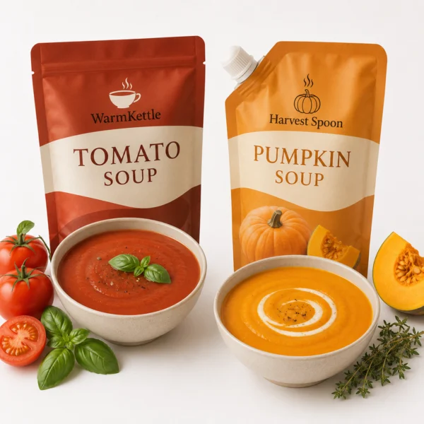 Two custom soup retort pouches for tomato soup and pumpkin soup shown with bowls of soup and fresh ingredients.