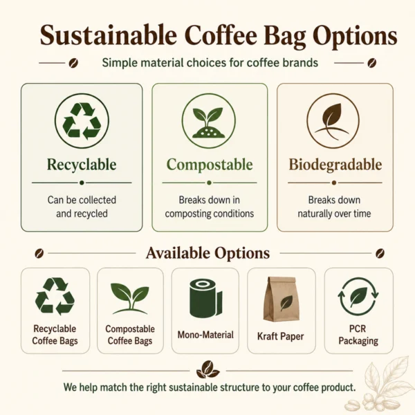 Sustainable coffee bag material options including recyclable, compostable, mono-material, kraft paper and PCR packaging