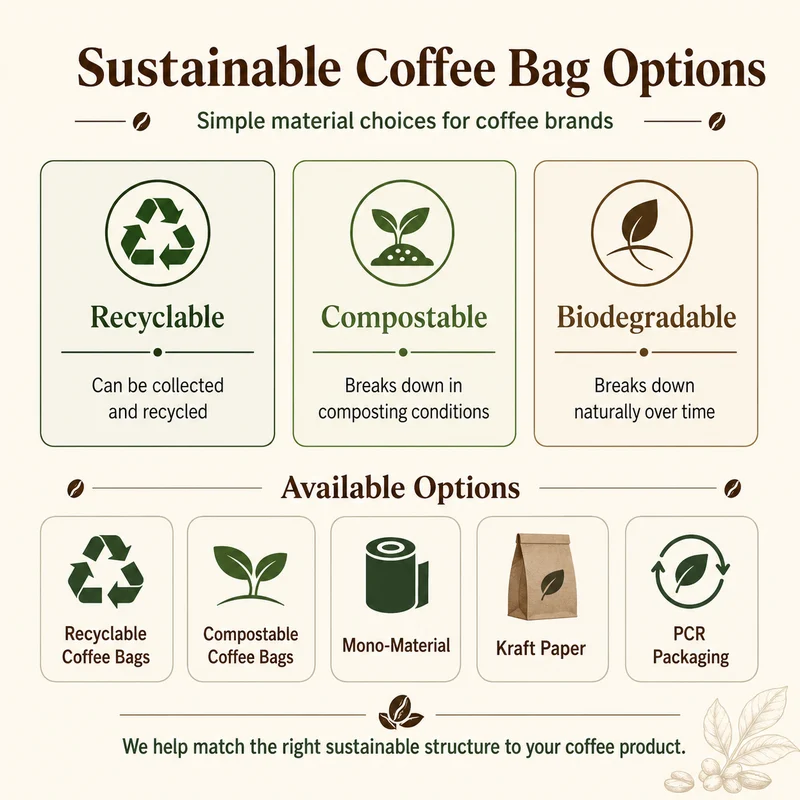 Sustainable coffee bag material options including recyclable, compostable, mono-material, kraft paper and PCR packaging