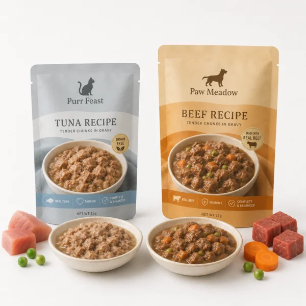 Two wet pet food retort pouches for tuna recipe and beef recipe displayed with bowls of pet food and raw ingredients.