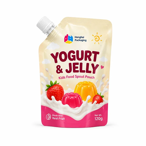 Custom yogurt and jelly spout pouch for kids food packaging with colorful fruit design