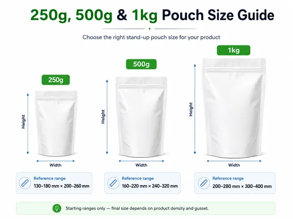 Infographic showing 250g, 500g and 1kg stand-up pouch size ranges with width and height references. Size: 600x450
