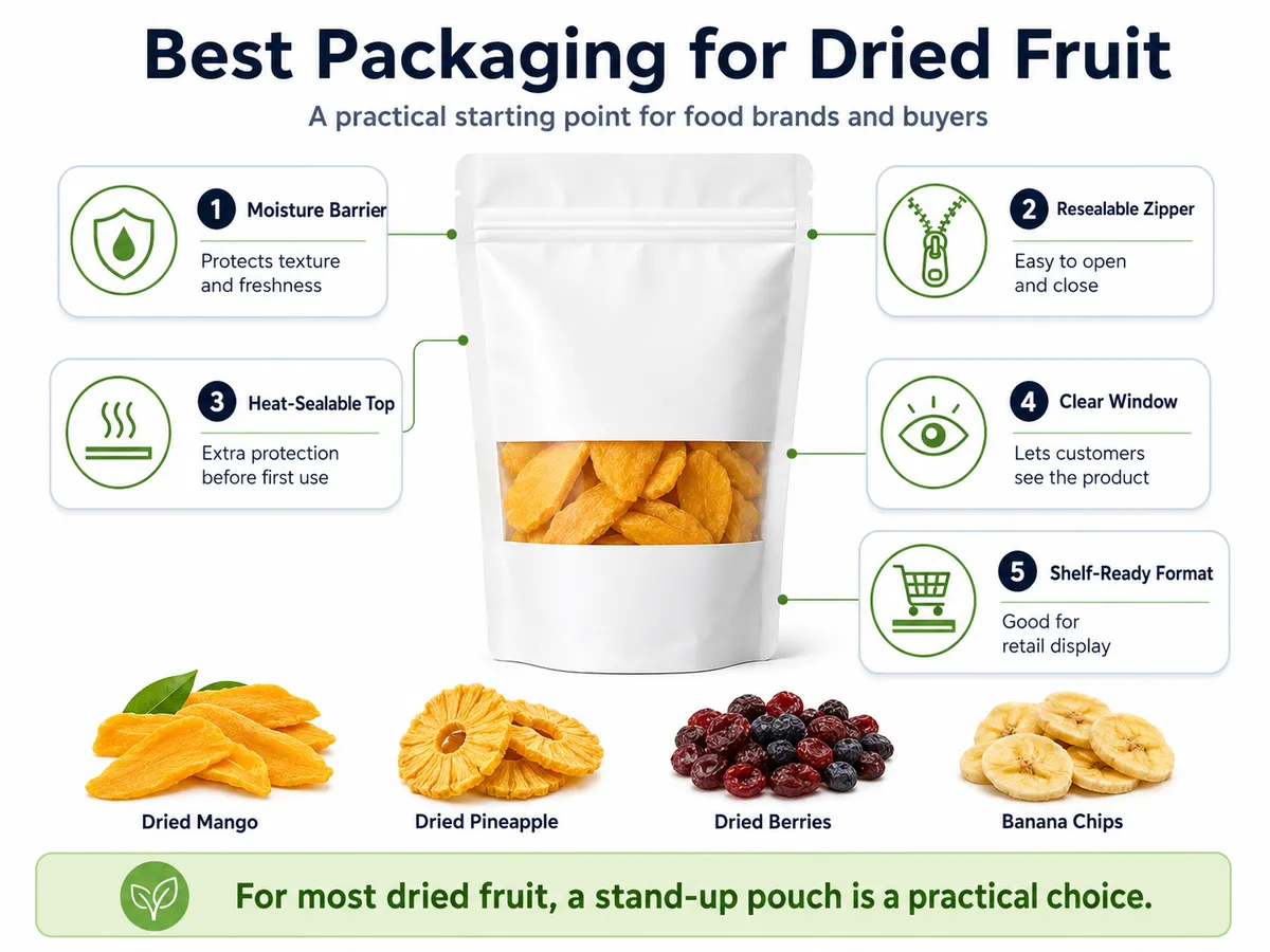 Infographic showing the best packaging for dried fruit, highlighting a stand-up pouch with moisture barrier, zipper, heat-sealable top, clear window and shelf-ready format.