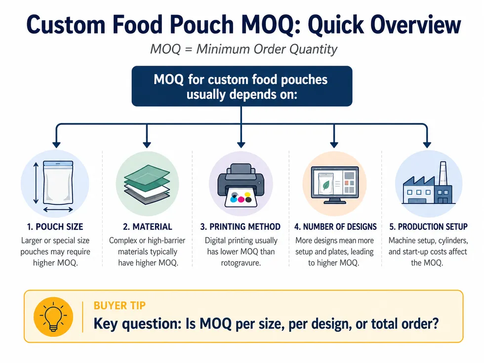 Infographic overview explaining the main factors that affect custom food pouch MOQ, including pouch size, material, printing method, number of designs and production setup.