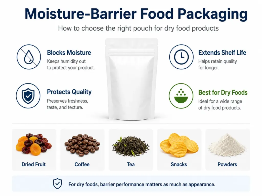 Infographic overview of moisture-barrier food packaging, showing how barrier pouches protect dry food products from humidity and help maintain quality.