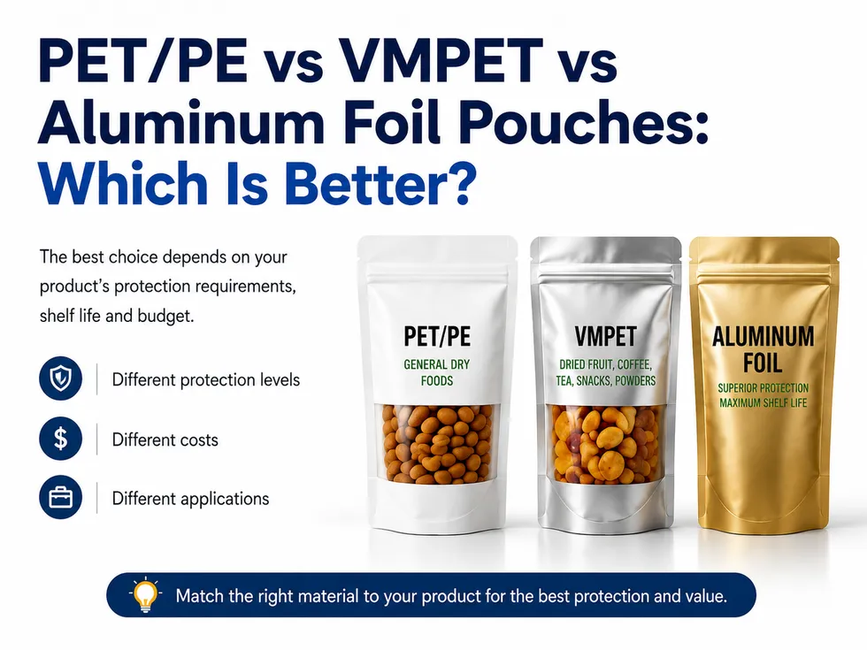 Comparison of PET/PE, VMPET and aluminum foil pouches for food packaging, showing differences in protection, cost and applications.