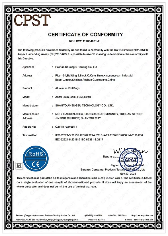 01 CPST RoHS certificate of conformity for aluminum foil bags