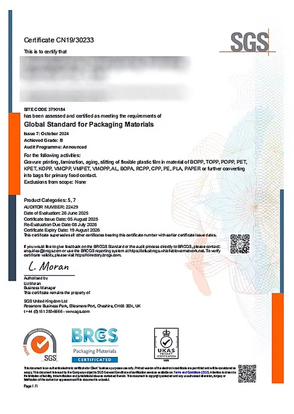 02 BRCGS packaging materials certification certificate