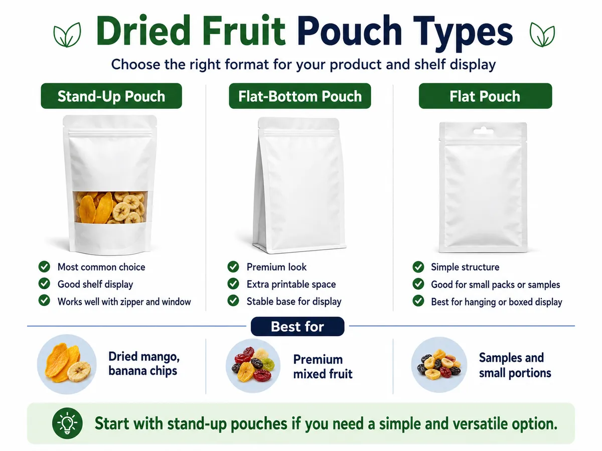 Infographic comparing dried fruit pouch types, including stand-up pouches, flat-bottom pouches and flat pouches, with best-use recommendations.