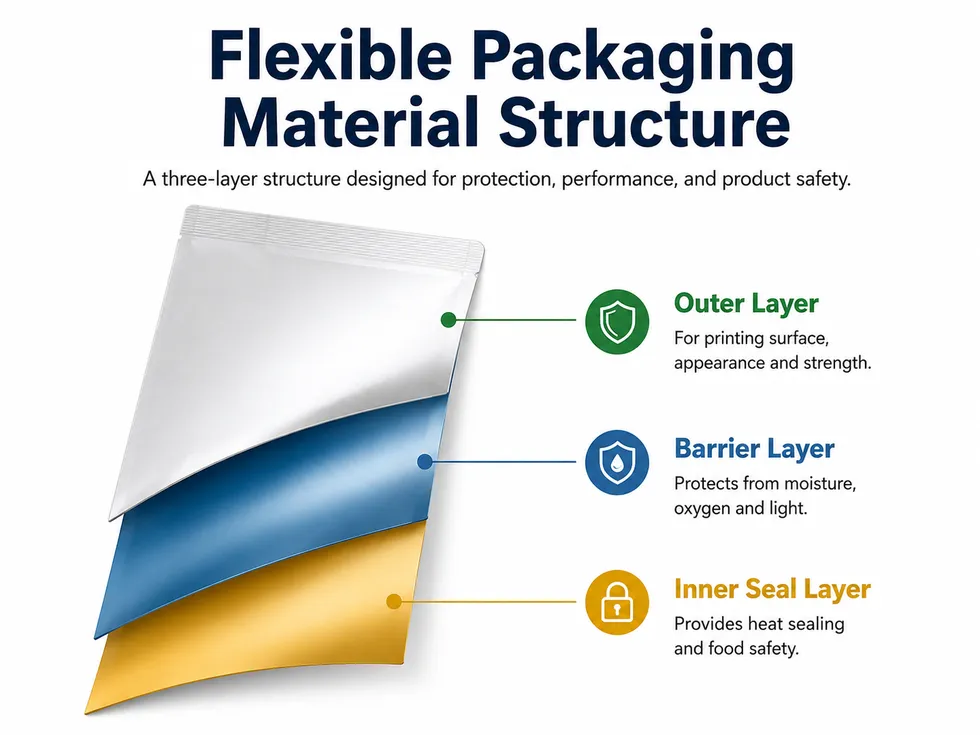 Diagram showing the three-layer structure of flexible food packaging, including the outer layer, barrier layer and inner seal layer.