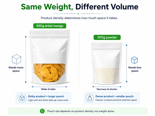 02-same-weight-different-volume-pouch-comparison.png ALT: Infographic comparing 500g dried mango and 500g powder to show how product density affects pouch size. Size: 600x450