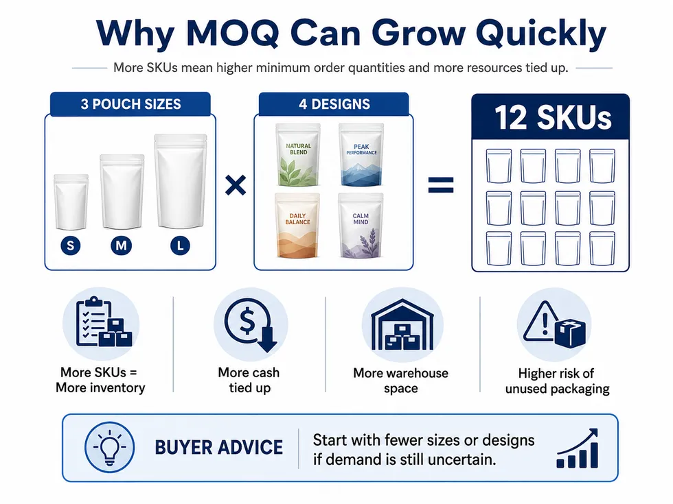 Infographic showing how multiple pouch sizes and designs increase the total number of SKUs and raise packaging inventory pressure.