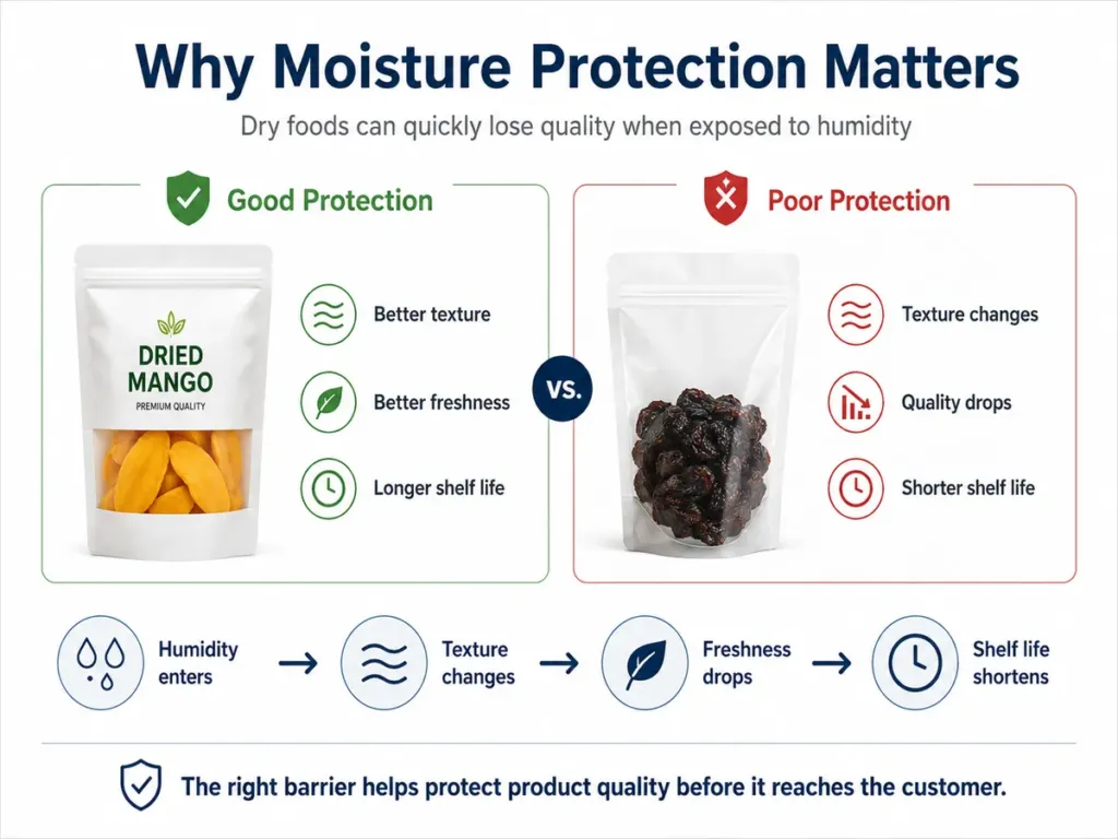 Infographic showing why moisture protection matters, comparing good protection and poor protection for dry food packaging.